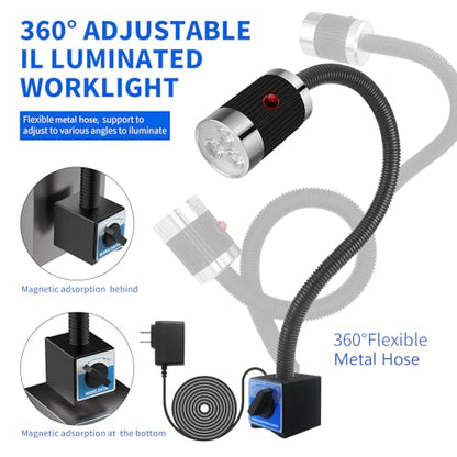 Magnetic Work Light, LED Machine Light, Work Light with Flexible & Magnetic Base, Shop Tool Lamp for Lathe, Work Bench, Sewing Machine, Grill, Bandsaw, Industrial Lighting, 10W, 900Lumens, Black