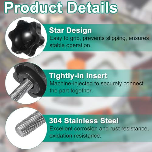 uxcell 8pcs Star Clamping Knobs with Nuts Washers, M6 x 20mm Metric 304 Stainless Steel Male Thread 32mm 6-Star Plastic Head, Threaded Stud Hand Knobs Handles Thumb Screws, Black - size: M6 x 20mm