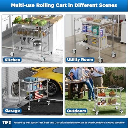 Leteuke 3 Tier Rolling Carts with Wheels, Heavy Duty Rolling Utility Cart - color: Matte Chrome