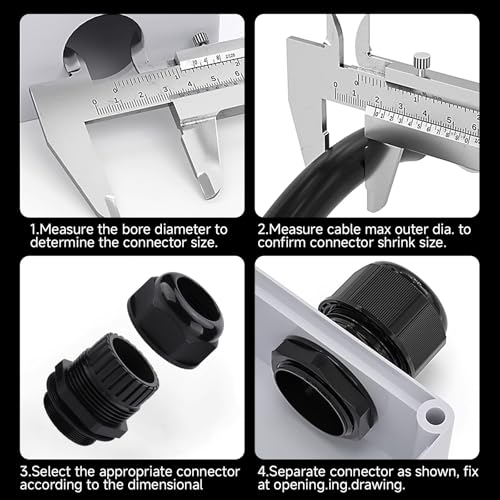 Cable Glands 50 pcs Cable Gland Waterproof joints, Adjustable Black 3-16mm Waterproof Cable Connectors PG7 PG9 PG11 PG13.5 PG16 PG19 Plastic 4 cable glands and Gaskets in PP Box - color: Black