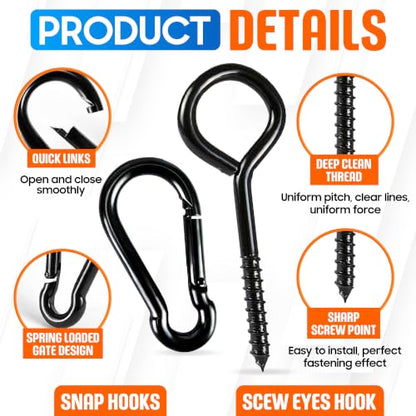 2Pcs 5” Heavy-Duty Screw Eye Hooks+2Pcs M8 Snap Hooks, Eyelet Screw-In Hook