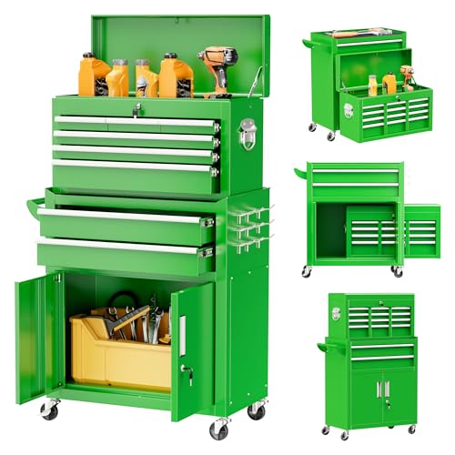 Bonusall 8 Drawer Rolling Tool Chest and Cabinet Combo,Heavy-Duty Metal Garage Tool Chest with Wheels and 2 Doors,2-in-1 Top Box and Roller Cabinet Combo for Garage, Workshop, Warehouse-Green - color: Green