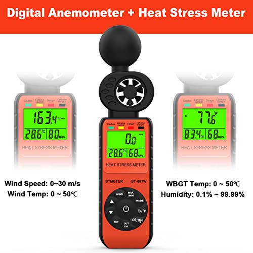 BTMETER BT-881W Heat Stress Meter Anemometer, Digital Indoor/Outdoor WBGT (Wet Bulb Globe Temperature) Meter with Wind Speed, Ambient Temp, Humidity Tester - color: Orange