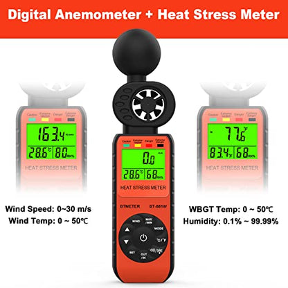 BTMETER BT-881W Heat Stress Meter Anemometer, Digital Indoor/Outdoor WBGT (Wet Bulb Globe Temperature) Meter with Wind Speed, Ambient Temp, Humidity Tester - color: Orange