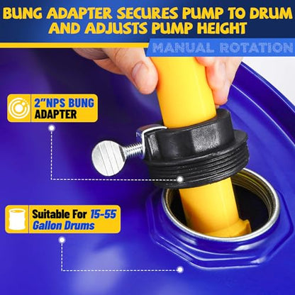 15-55 Gallon Drum Pump, 10 GPM Flow, Corrosion-Resistant Chemical Liquid Pump, Hand-Operated Rotary Barrel Pump Designed for Rapid Transfer of Water, Def,Diesel,kerosene,mild chemicals