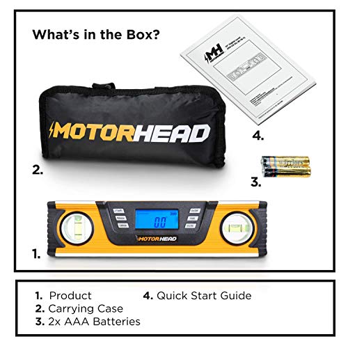 MOTORHEAD 10-Inch 0° - 180° SMART DIGITAL Level, LCD Screen, Audible Alerts, Water, Dust & Shock Resistant, Magnetic Bottom, Includes Bag, High-Visibility, Solid-Milled Aluminum, USA-Based Support - size: 10"