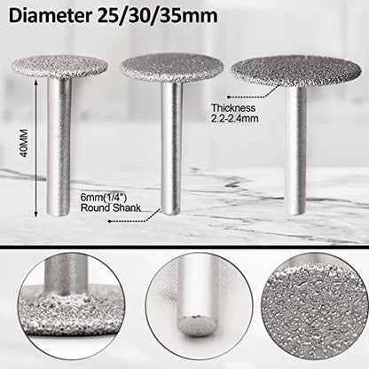 SHDIATOOL 3-Piece 25mm Diamond Wheel for Cutting/Shaping Tiles Marble brick Granite Concrete with 6mm(1/4") Shank 46 Grit - size: 25mm