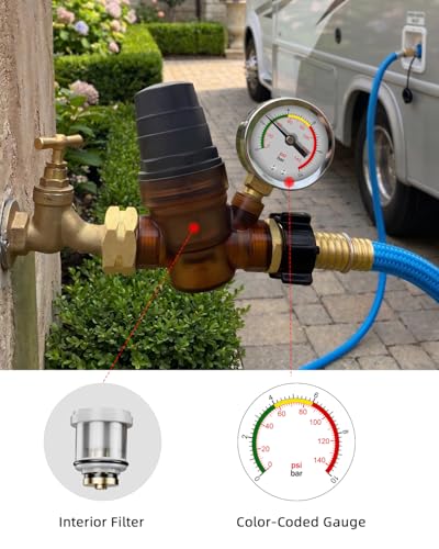 FOCSPROD RV Water Pressure Regulator, Rotatable Scale Adjustable Camper Water Pressure Reducer with Gauge, Inlet Screen Filter for Camper Travel Trailer