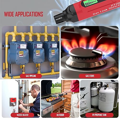 Gas Leak Detector, PT202 Portable Natural Gas Leak Alarm Locate Gas Leaks of Combustible Gases Like Methane, LPG, LNG, Fuel for Home(Includes Battery x2 & Carrying Pouch) (Red) - color: Red