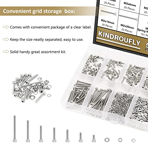 562 Pieces M2 x 4/6 /8/10 /12/16 /20mm Hex Socket Head Cap Screws Nuts Washers Assortment Kit, 304 Stainless Steel, Fully Machine Thread - size: M2, style: Socket Head