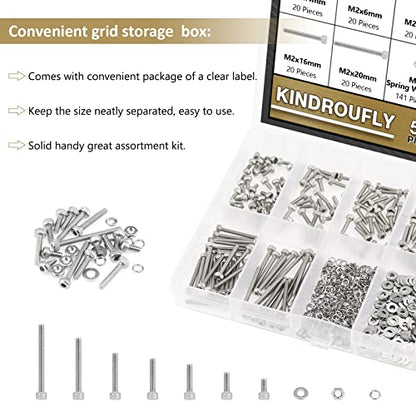 562 Pieces M2 x 4/6 /8/10 /12/16 /20mm Hex Socket Head Cap Screws Nuts Washers Assortment Kit, 304 Stainless Steel, Fully Machine Thread - size: M2, style: Socket Head