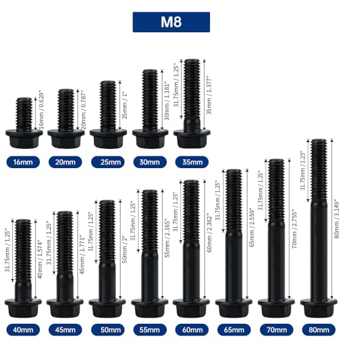10-Sets M8-1.25 x 50mm Grade 10.9 Flange Hex Bolts + Flange Nut + Flat Washer + Lock Washer Combo Pack, Black Oxide, for Automotive & Machinery - size: M8-1.25 x 50mm