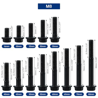 10-Sets M8-1.25 x 50mm Grade 10.9 Flange Hex Bolts + Flange Nut + Flat Washer + Lock Washer Combo Pack, Black Oxide, for Automotive & Machinery - size: M8-1.25 x 50mm