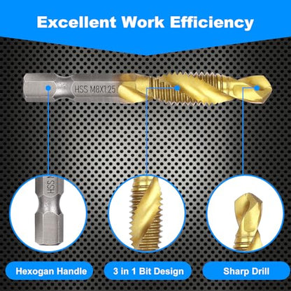 Drill Tap Set 6Pcs, Titanium Plated Combination Taps Drill Bit Set - size: 6 Pcs Metric Tap Set