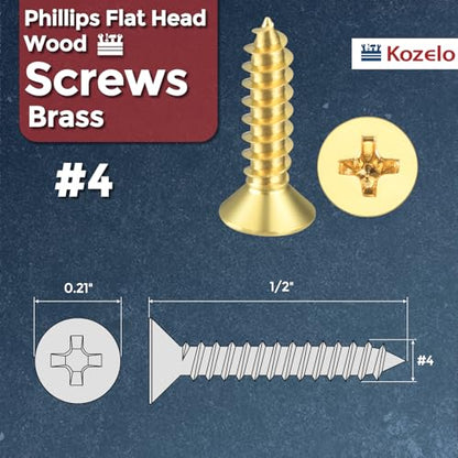 50pcs Phillips Flat Head Wood Screws - [#4x1/2] Brass Countersunk - size: #4x1/2"