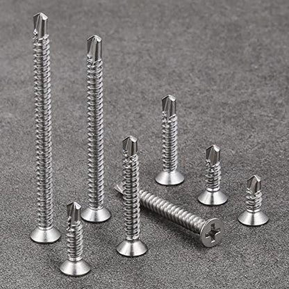 Wensilon（500pcs）#8×5/8”for Sheet Metal Self-Tapping Screws 410 Stainless Steel Flat Head High-Strength Quick self-Drilling Screws - color: Silver, size: #8X5/8"