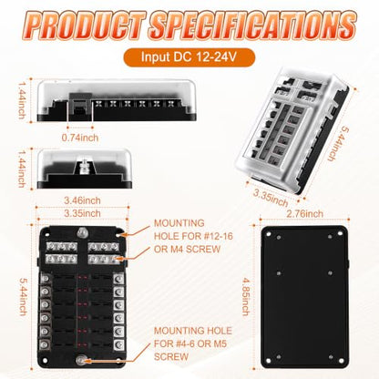 GaRhomxy 12 Way Fuse Block, 12V Marine Fuse Block with LED Warning Indicator, Waterproof Boat Fuse Panel & Power Distribution Block, 12-24V DC Fuse Box for Car Boat Marine RV Truck Van ATO/ATC - size: 12 Way