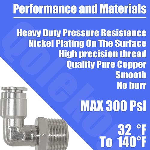 Pneumatic Push To Connect Fittings Heavy Duty Elbow 1/2 inch Tube OD x 3/8" NPT Male Thread Nickel Plated Copper PL-1/2-N3 (5Pcs) - size: 1/2" OD x 3/8" NPT