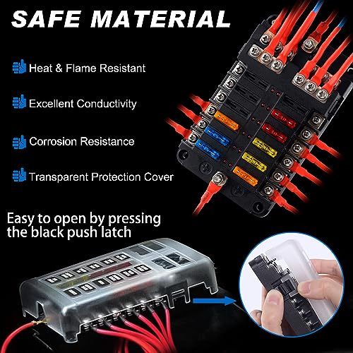 Fuse Block, 12v Fuse Box Holder with Led Indicator Waterproof Cover, Cyrico 12 Circuits Panel with Negative Bus for 12V/24V Automotive Car Truck Boat Marine Rv Trailer, 24 Pcs Blade Inserts