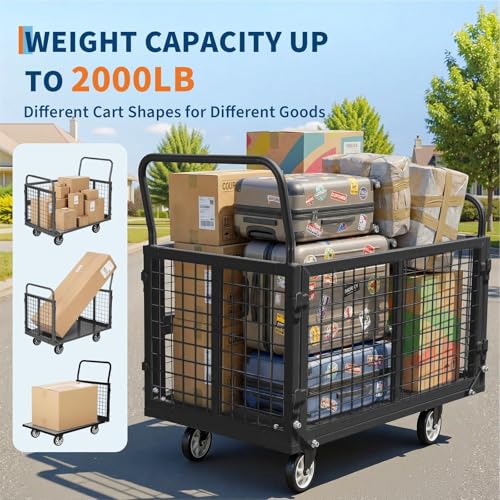 Heavy Duty Platform Truck Cart with Cage, 39" x 24" Hand Moving Cart 2000 Lbs Capacity, Multi-Functional Folding Cage Cart with Basket for Warehouse, Luggage Moving, Black - color: Black