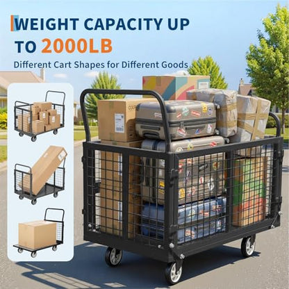 Heavy Duty Platform Truck Cart with Cage, 39" x 24" Hand Moving Cart 2000 Lbs Capacity, Multi-Functional Folding Cage Cart with Basket for Warehouse, Luggage Moving, Black - color: Black