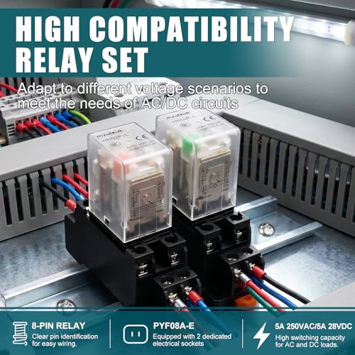 mxuteuk 2pcs HH52P DC 12V Coil 8 Pin 5A DPDT LED Indicator Electromagnetic Power Relay, with Base, with DIN Rail Slotted Aluminum - color: Black-8Pin-5A&Base, size: DC 12V