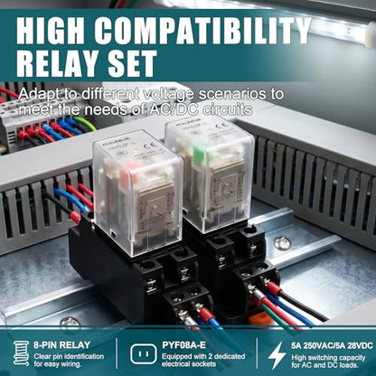 mxuteuk 2pcs HH52P DC 12V Coil 8 Pin 5A DPDT LED Indicator Electromagnetic Power Relay, with Base, with DIN Rail Slotted Aluminum - color: Black-8Pin-5A&Base, size: DC 12V