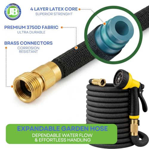 J&B XpandaHose 50ft Expandable Garden Hose, Lightweight, Brass Connectors - color: Black, size: 50ft