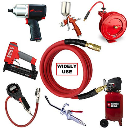YOTOO Hybrid Lead-in Air Hose 3/8-Inch by 3-Feet 300 PSI Heavy Duty, Lightweight, Kink Resistant, All-Weather Flexibility with Bend Restrictors, 1/4" Industrial Quick Coupler and Plug, Red (Pack of 2) - size: 10 Feet (Pack of 2)