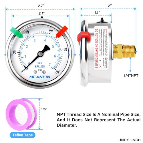 MEANLIN MEASURE 0~100Psi Liquid Filled Pressure Gauge 1/4" NPT 2.5" FACE DIAL Stainless Steel Glycerin Filled WOG Water Oil Air Back Mount (with 2PCS Snaps) - size: 0-100Psi
