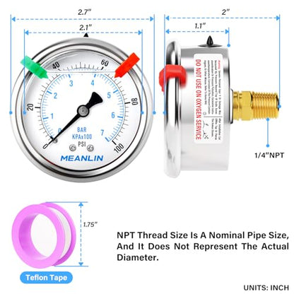 MEANLIN MEASURE 0~100Psi Liquid Filled Pressure Gauge 1/4" NPT 2.5" FACE DIAL Stainless Steel Glycerin Filled WOG Water Oil Air Back Mount (with 2PCS Snaps) - size: 0-100Psi