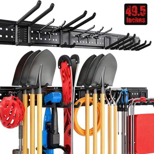 Garage Tool Organizer Wall Mount 49.5 inches with 10 Adjustable Heavy-Duty Hooks, Garage Organization, Garden Tool Storage Rack, Yard, and Shed, Holds Up to 400 lbs - size: 49.5" | 3 Panels + 10 Hooks