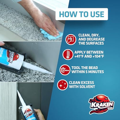 Kraken Bond RTV Silicone Sealant Gray (24 x 10.1 fl.oz.)%100 Waterproof Silicone Caulk Kitchen and Bathroom, All Purpose, Window Caulking Sealant Outdoor, RV, 24 Pack