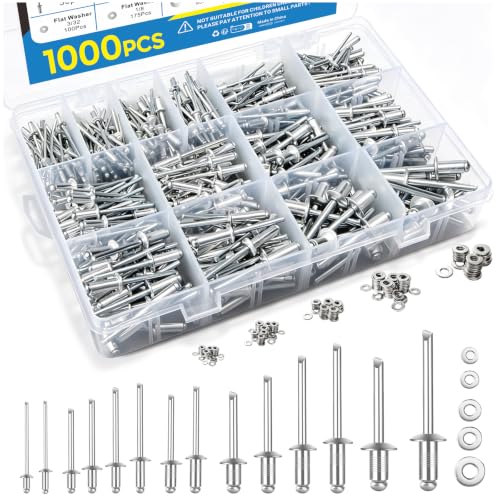 1000PCS Aluminum Pop Rivets Assortment Kit with Washers Storage Case - color: Silver, size: 1000pcs