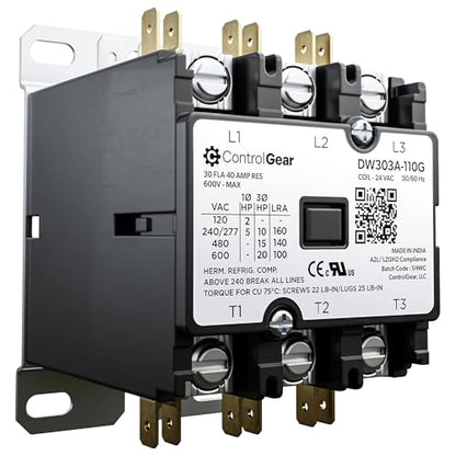 3-Pole Definite Purpose Contactor, 30A, 24V Coil, UL Recognized, A2L Cert. - size: 3P 30A 24V coil