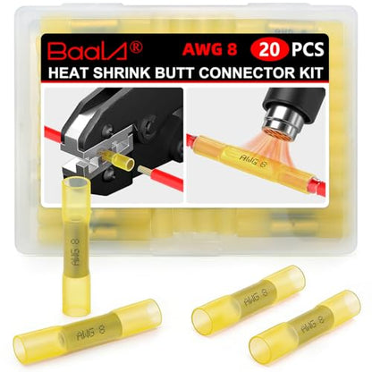 BAALA 20 PCS 8 AWG Heat Shrink Butt Connectors Yellow Heat Shrink Butt Splices-Marine Grade Waterproof Electrical Crimp Wire Connectors, Tinned Copper Butt Splice Terminals for 8 Gauge Wire Connectors