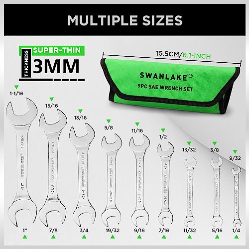 SWANLAKE GARDEN TOOLS 19-Piece Super-Thin Open End Wrench Set with Rolling Pouch, Metric 5.5–27 mm & SAE 1/4"-1-1/16", 3 mm Thickness Slim Spanner Wrench Set, Carbon Steel - style: 19PCS Metric&SAE Super-Thin