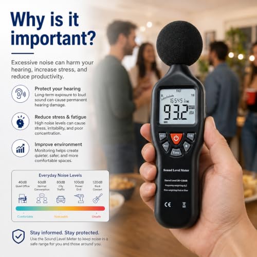 Decibel Meter Digital Sound Level Meter Professional Noise Meter High Accuracy 30dB to130dB Measuring Range with Backlight Display for Classroom, Office, Home, etc.