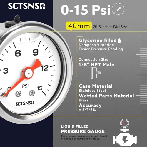 0-15 Psi Fuel Pressure Gauge, 1/8" NPT Back Mount - size: 0-15 Psi, style: Back Mount