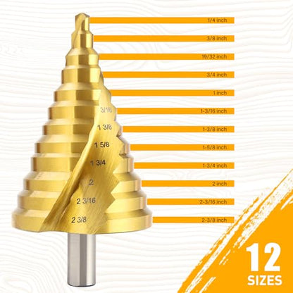Spiral Groove Step Drill Bit, 12 Steps High-Speed Steel 1/4" to 2-3/8", Large Step Drill Bits for Cutting Holes in Iron Aluminum Copper Plastic Wood - style: 2-3/8