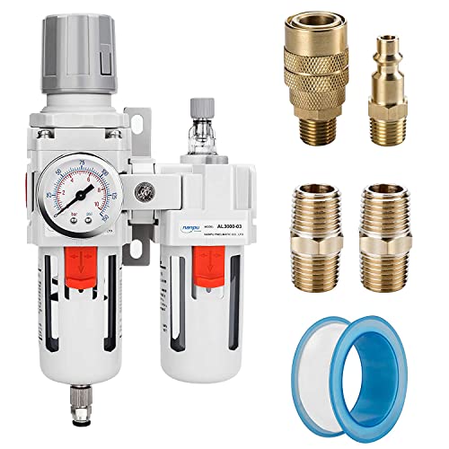 NANPU 3/8" NPT Air Filter Regulator Lubricator Combo, Water Separator - size: 3/8" NPT, style: Semi-Auto Drain, Metal Coupler & Plug