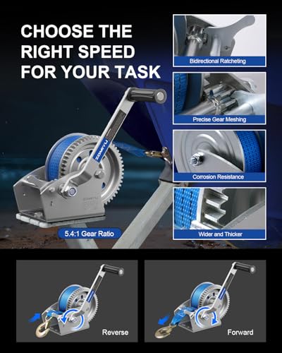 2500lb Boat Trailer Winch with Strap, Heavy Duty Hand Winch for Boat