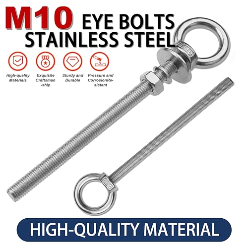 2 Pack M10 Stainless Steel Eye Bolts with Nuts,3/8" x 6" Eye Bolts - size: M10x153mm (3/8"x6")