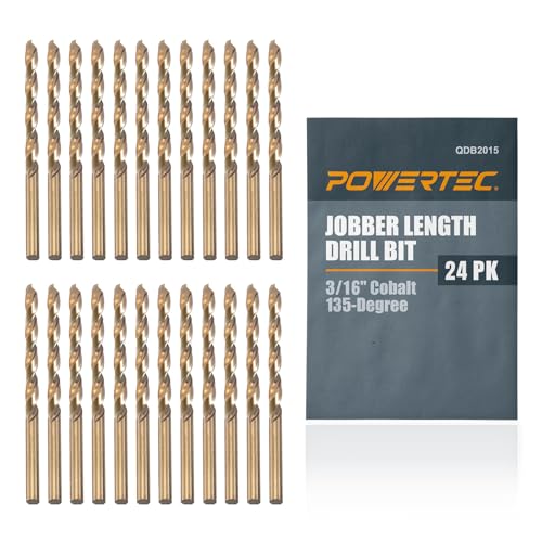 POWERTEC 3/16" Cobalt Drill Bits - 24 Pack - 3-1/2" Length - M35 HSS Jobber Length Twist Bits with 135° Tip for Drilling Wood, Metal, Stainless Steel, Nickel Alloy, Cast Iron & Plastic (QDB2015-P2) - style: 24PK 3/16" Cobalt Drill Bit (3-1/2" L)
