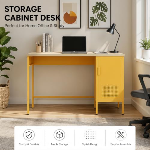 Wood Top Side Cabinet with 2-Tier Metal Storage Cabinet & Locker, Study Desk with Legs, Easy Assembly, Holds Books, Laptops & Everyday Essentials for Home, Office Yellow - color: Mustard, style: Cabinet-30"H-BY