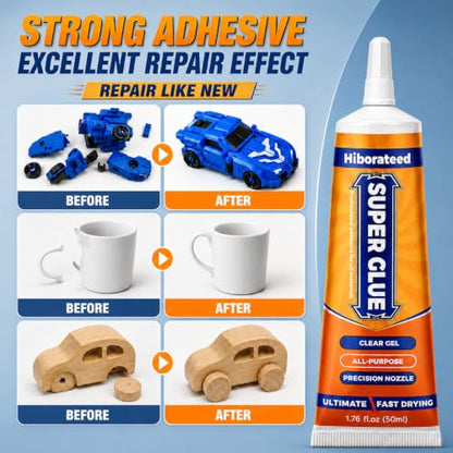 Super Glue Gel, 50g (1.76 oz) Clear Non-Drip Adhesive with Precision Tip