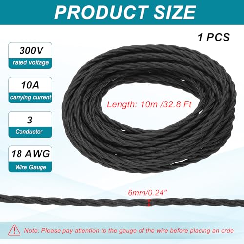 MECCANIXITY 32.8Ft Twisted Cloth Covered Wire, 18/3 Cloth Covered Electrical Wire Vintage Industrial Electronic Wire Cloth Cord Cable for Pendant Light DIY Project, Black - color: Black, size: 32.8Ft