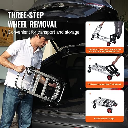 VEVOR Aluminum Folding Hand Truck, 2 in 1 Design 400 lbs Capacity, Heavy Duty Industrial Collapsible cart, Dolly Cart with Rubber Wheels for Transport and Moving in Warehouse, Supermarket, Garden - size: 400 lbs