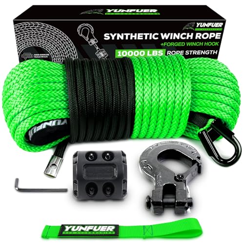 1/4" x 50ft 10000LBS Green Synthetic Winch Rope Kit with Protective Sleeve, Forged Winch Hook, Rubber Stopper and Safety Pull Strap for ATV/UTV - color: green, size: 1/4"x50ft