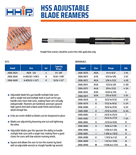 HHIP 2006-0082 23/32-25/32" High Speed Steel Adjustable Blade Reamer, 6 Blades, 7" OAL, Size E - size: E (23/32-25/32"), style: HHIP Adj. Reamers